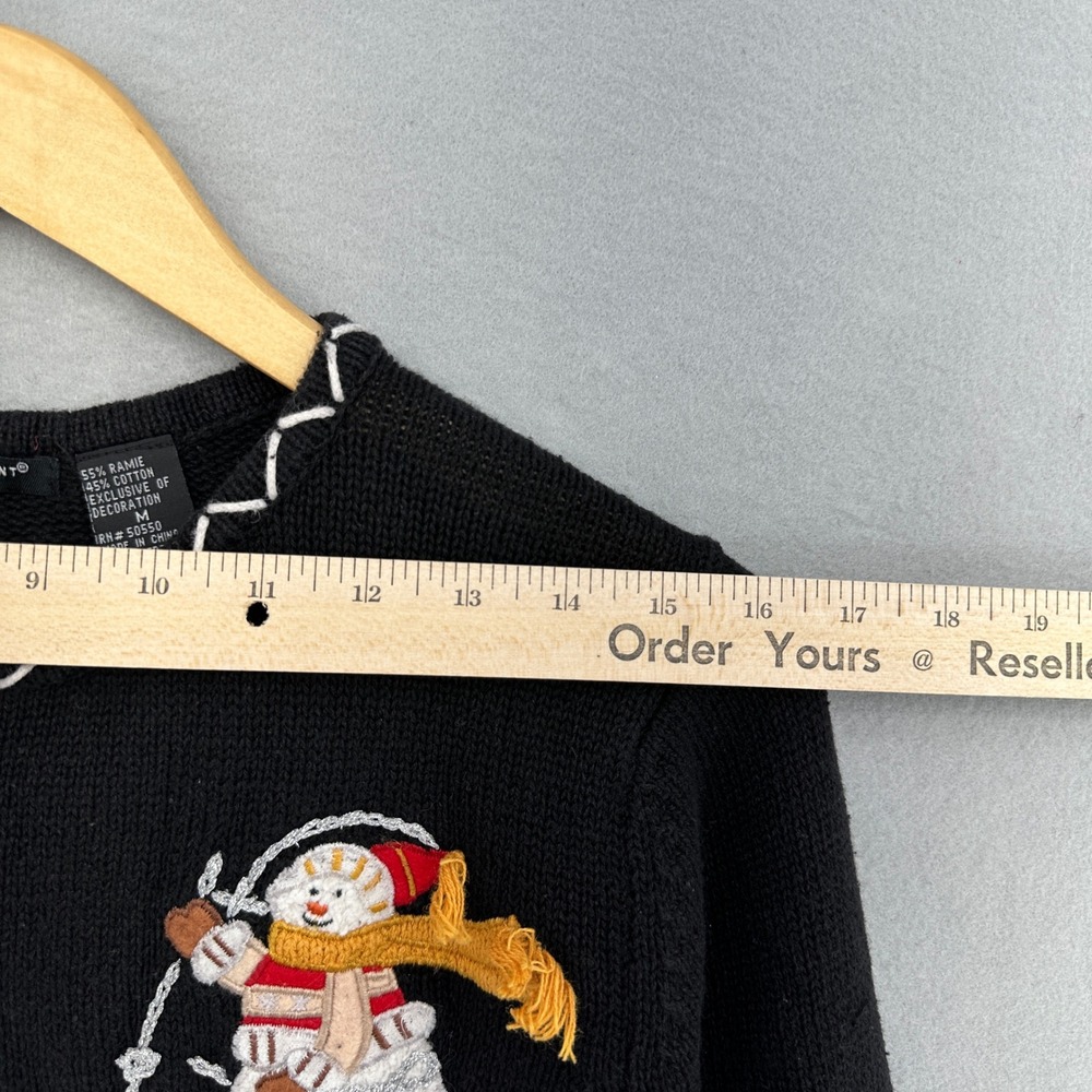 90s Reference Point Holiday Snowman Christmas Tree Cardigan Sweater Black M VTG - Picture 4 of 10